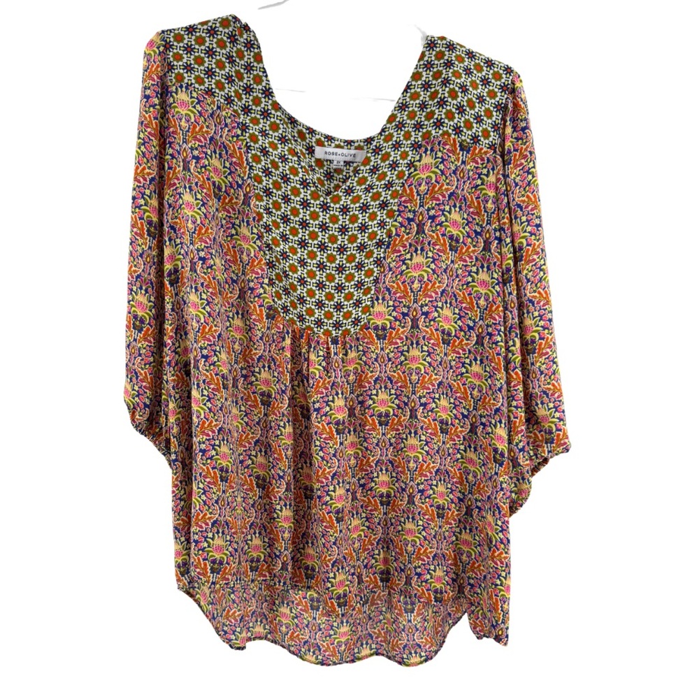 Rose & Olive Multicolor Geometric Floral Top 3/4 balloon sleeve lightweight 2X